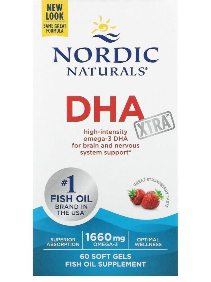 ДГК, dha xtra, клубничный вкус, 60 капсул, nordic naturals