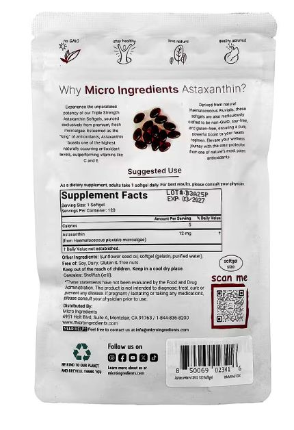micro ingredients, Астаксантин, 12 мг, 120 мягких таблеток