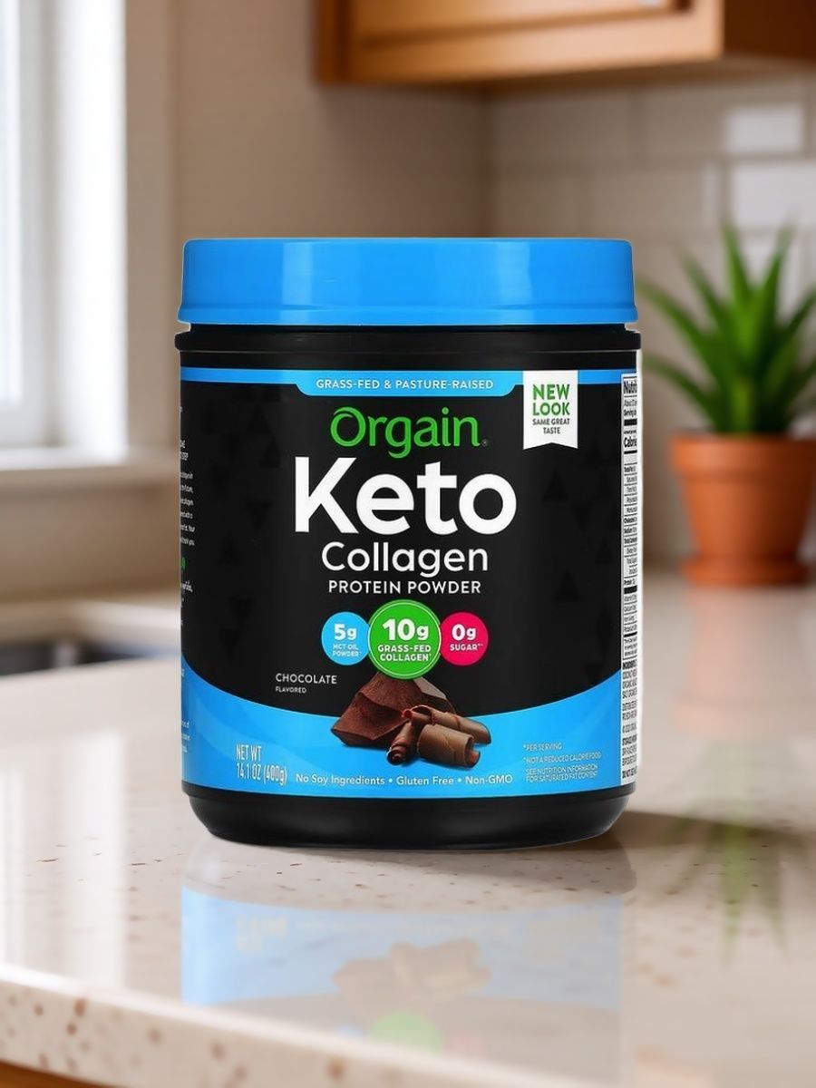 Банка протеинового порошка Orgain Keto коллаген шоколад 400г