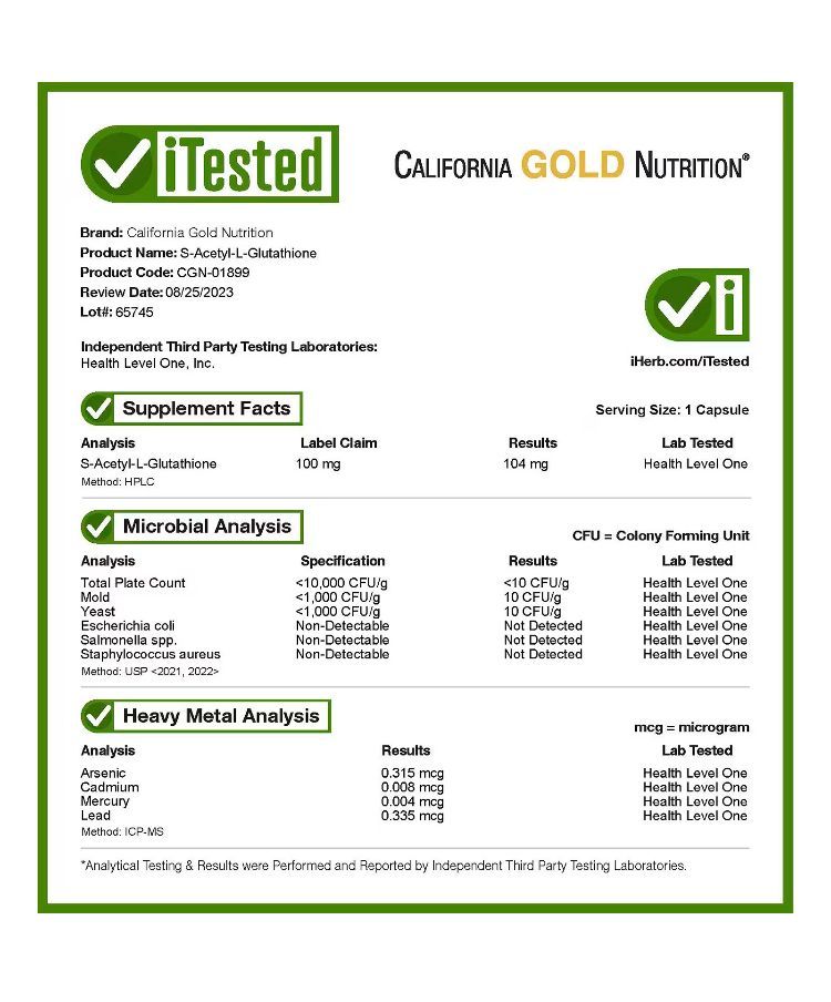 s ацетил l глутатион, антиоксидант, california gold nutrition, 100 мг, 30 растительных капсул
