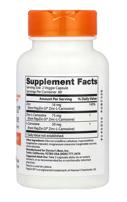 pepzin gi, комплекс цинк l карнозина, для поддержки ЖКТ ,120 вегетарианских капсул,doctor's best