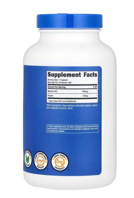 Бетаина гидрохлорид + пепсин ,поддержка пищеварения , 240 капсул , nutricost