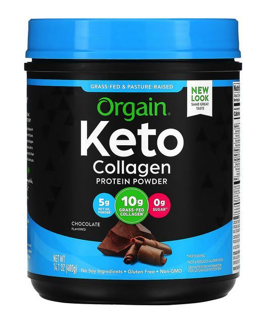 orgain, keto, Кетогенный протеиновый порошок коллагена с маслом mct, шоколад, 400 г