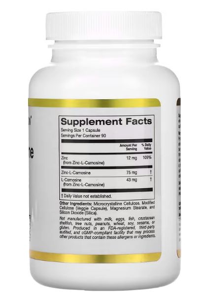 california gold nutrition, комплекс с цинк l карнозином, 90 вегетарианских капсул