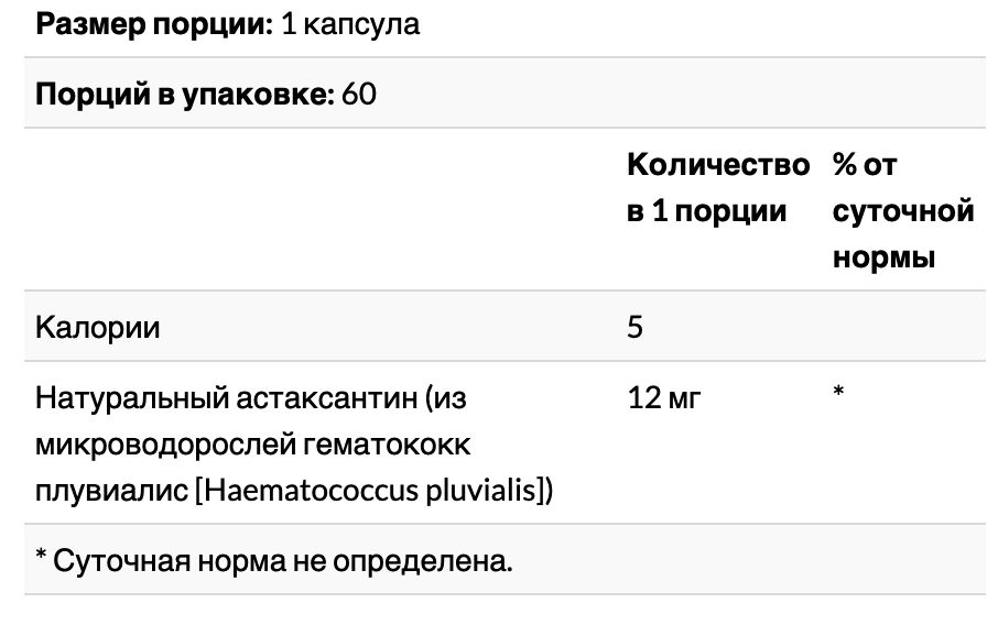 Астаксантин из микроводорослей гематококк , 12 мг, 60 мягких таблеток nutricost