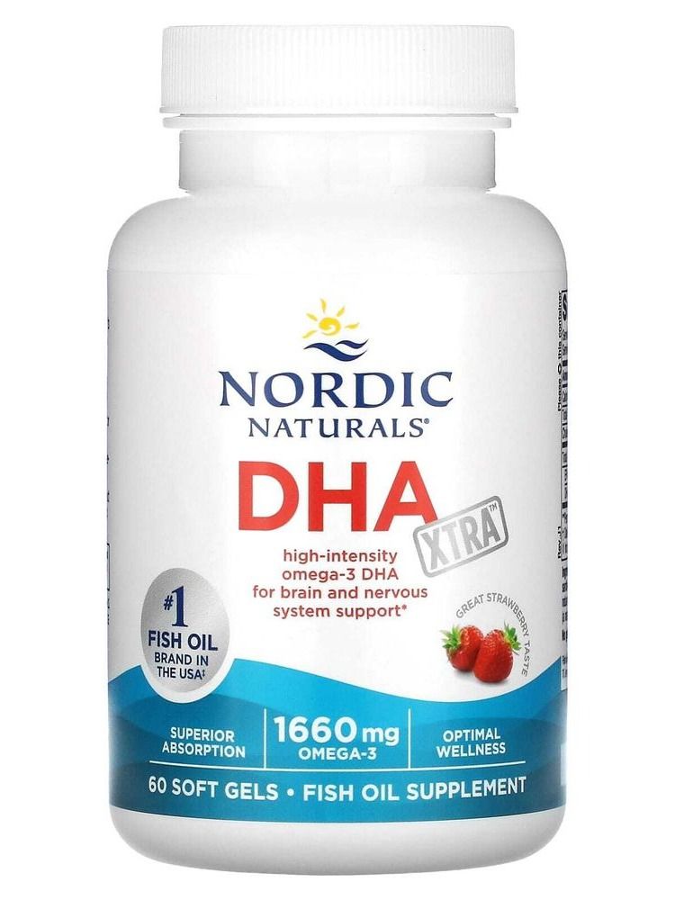 ДГК, dha xtra, клубничный вкус, 60 капсул, nordic naturals