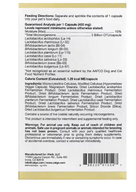 lactobif, лактобиф пробиотики для домашних животных, 5 млрд КОЕ, 60 растительных капсул california gold nutrition