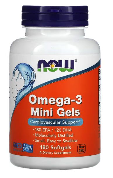 now foods, жирные кислоты омега 3 в мини капсулах, 180 ЭПК / 120 ДГК, 180 капсул Честный Знак