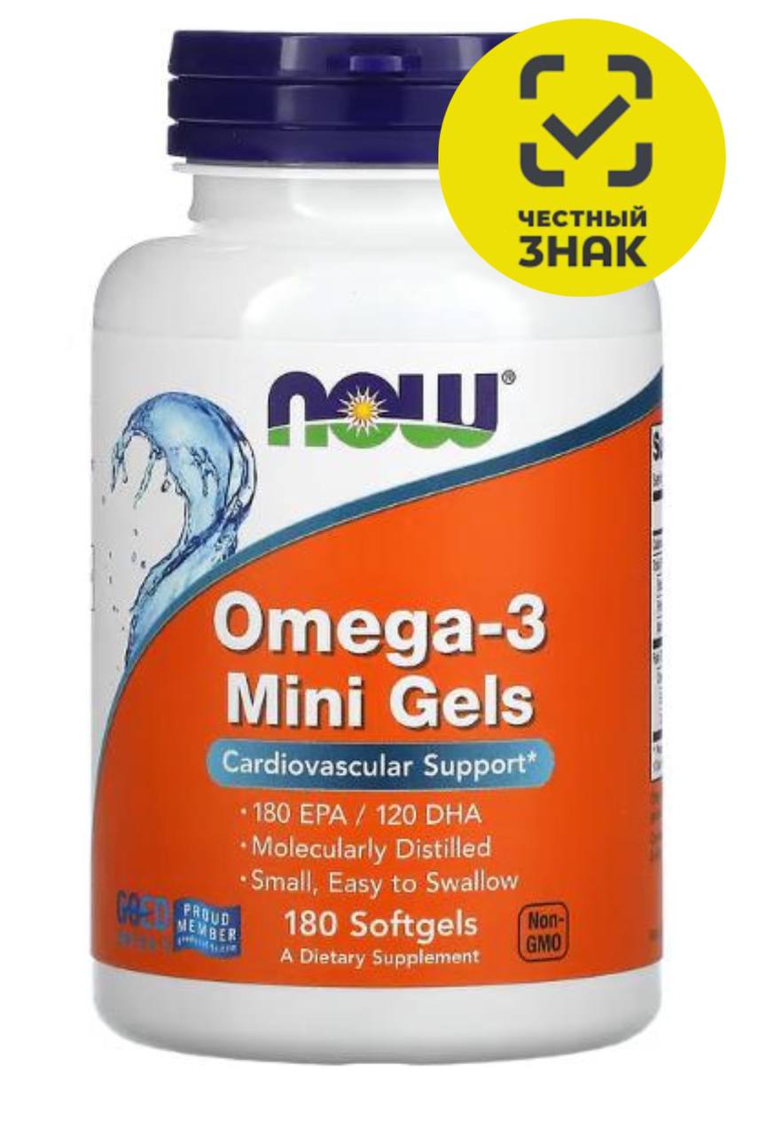 now foods, жирные кислоты омега 3 в мини капсулах, 180 ЭПК / 120 ДГК, 180 капсул Честный Знак
