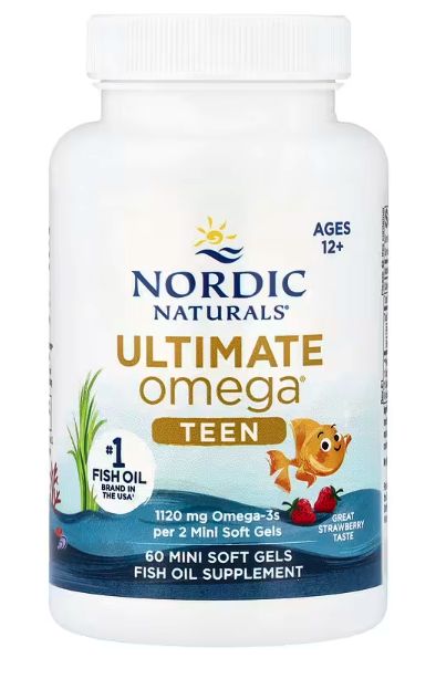 nordic naturals, teen, ultimate omega 2x, омега для подростков от 12 лет, со вкусом клубники, 60 миникапсул