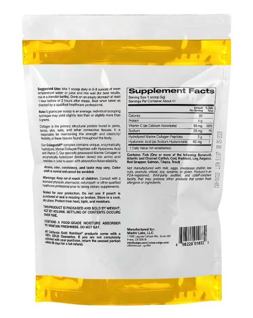 california gold nutrition, collagenup, гидролизованные пептиды морского коллагена с гиалуроновой кислотой и витамином c, с нейтральным вкусом, 206 г