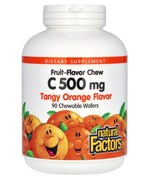 natural factors, витамин c, жевательная фруктовая добавка, с насыщенным вкусом апельсина, 500 мг, 90 жевательных таблеток