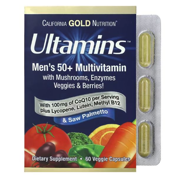 california gold nutrition, ultamins, мультивитамины для мужчин старше 50 лет, с коэнзимом q10, грибами, ферментами, овощами и ягодами, 60 растительных капсул