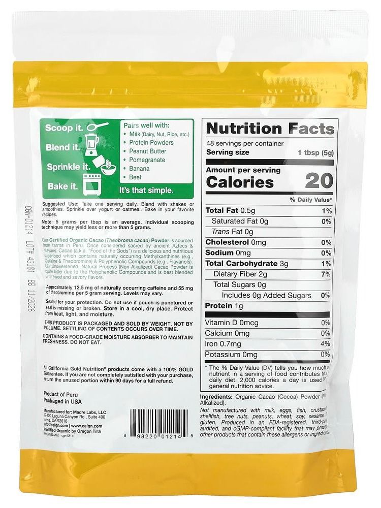 Органический какао порошок, 240 г (8,5 унции), superfoods