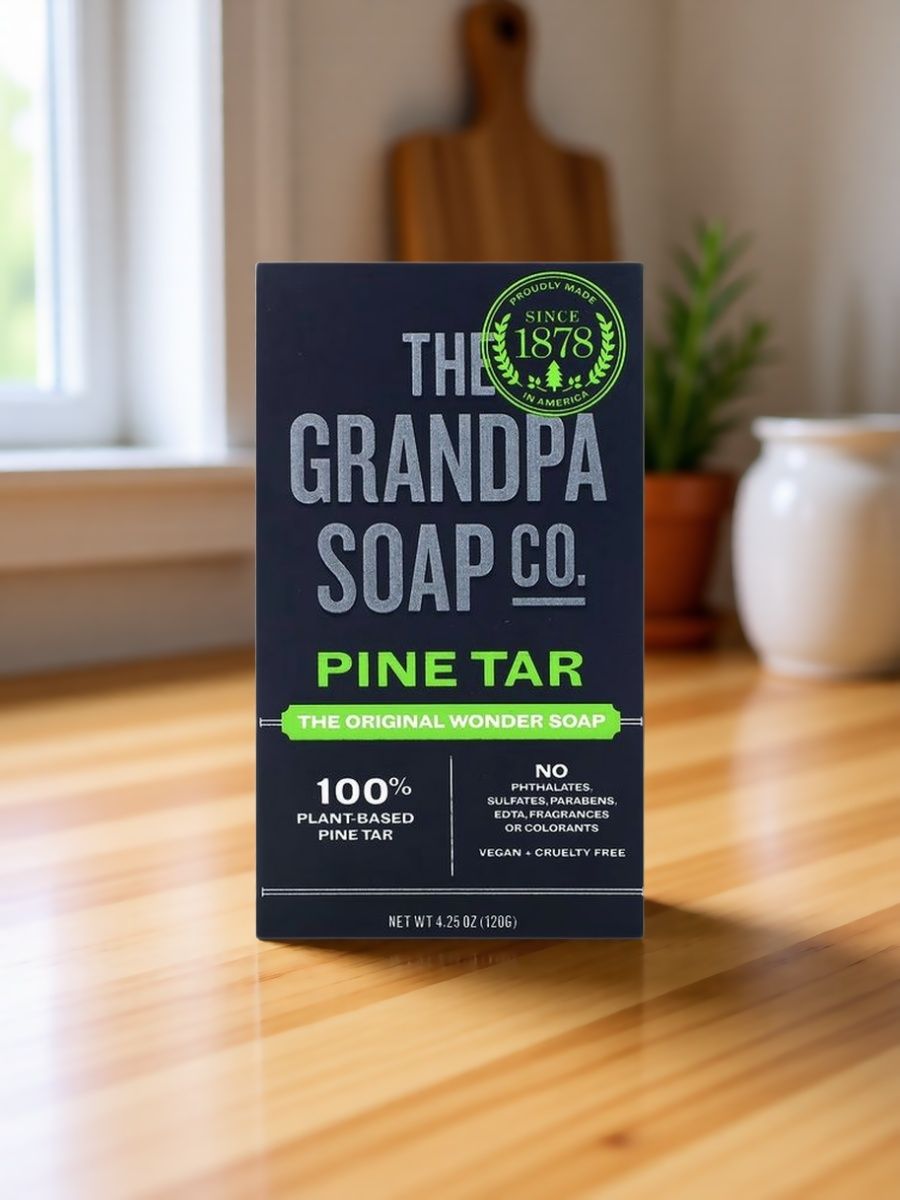Дегтярное мыло The Grandpa Soap Co 120 г на белом фоне