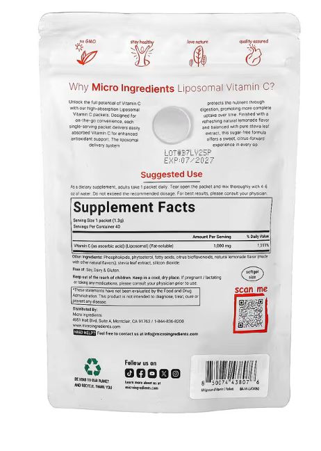 micro ingredients, липосомальный витамин c, со вкусом лимонада, 40 пакетиков по 1,3 г