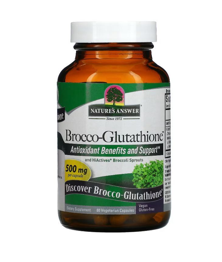 brocco glutathione, средство с брокколи и глутатионом,антиоксидант,nature's answer, 500 мг, 60 растительных капсул