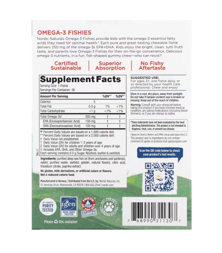 Рыбки с омега 3, без сахара, для детей от 3 лет, тутти фрутти, nordic naturals, 300 мг, 36 рыбок