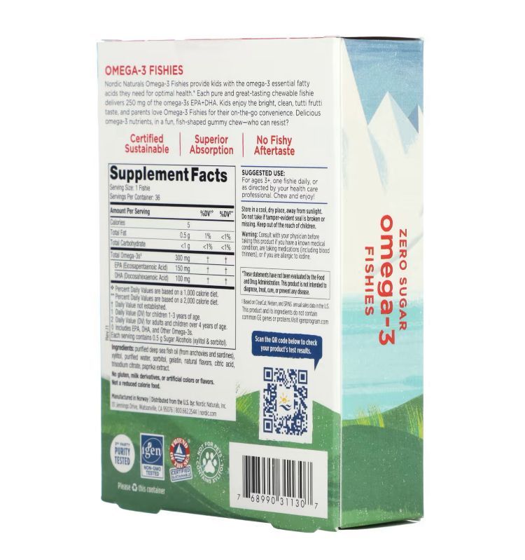 Рыбки с омега 3, без сахара, для детей от 3 лет, тутти фрутти, nordic naturals, 300 мг, 36 рыбок