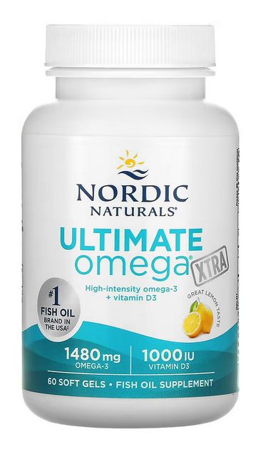 nordic naturals, ultimate omega xtra, высокоэффективные омега 3 кислоты, со вкусом лимона, 1480 мг, 60 капсул (740 мг в 1 капсуле)