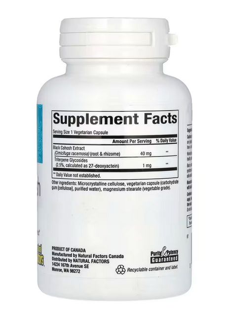 natural factors, womensense, экстракт черного кохоша, средство для облегчения менопаузы, 90 вегетарианских капсул