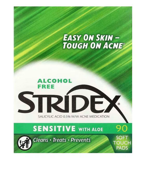 stridex sensitive 90 мягких дисков с алоэ и салициловой кислотой , без спирта , лечение акне