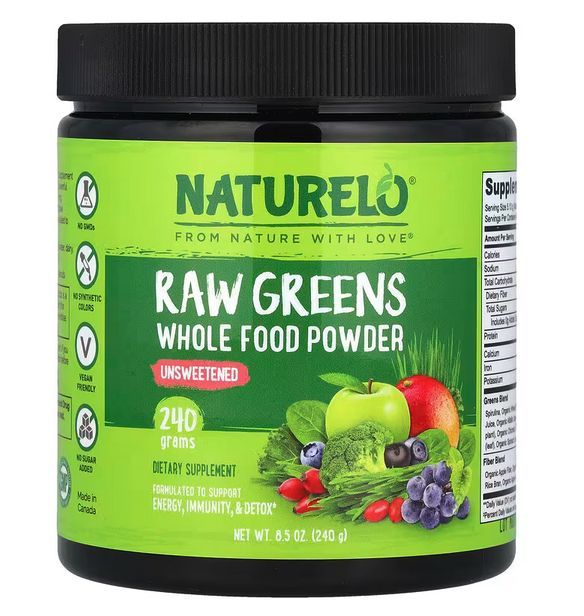 Банка порошка NATURELO Raw Greens 240 г, несладкий суперфуд из зелени