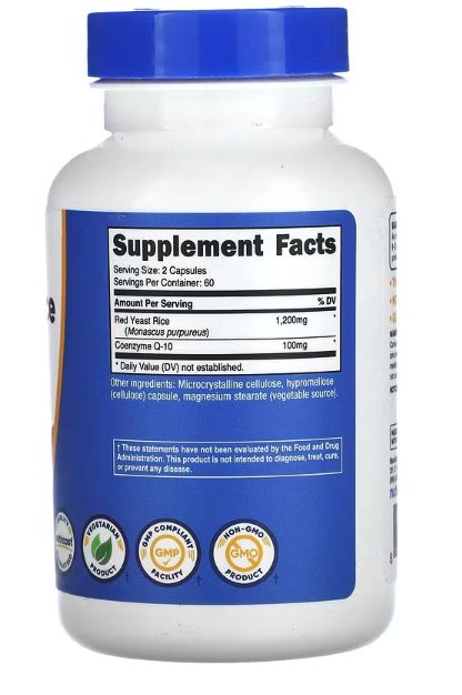 nutricost, красный ферментированный рис с коэнзимом q10, 1300 мг, 120 капсул (650 мг в 1 капсуле)