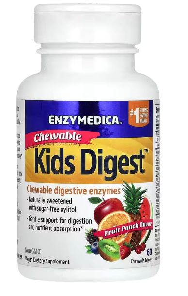 Kids Digest Enzymedica жевательные таблетки для детей со вкусом фруктового пунша, упаковка 60 шт