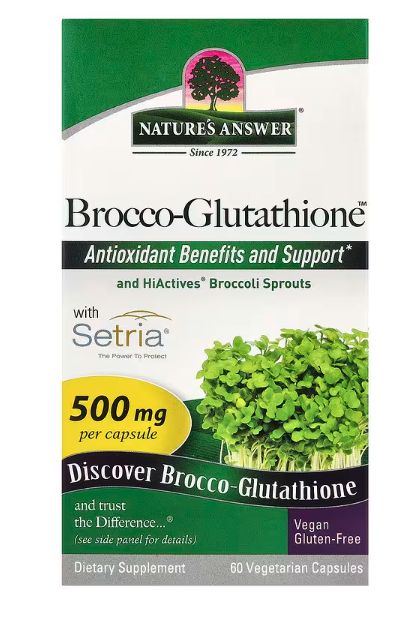 brocco glutathione, средство с брокколи и глутатионом,антиоксидант,nature's answer, 500 мг, 60 растительных капсул