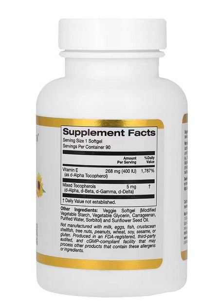 California Gold Nutrition, Витамин Е из подсолнечника со смешанными токоферолами, 400 МЕ, 90 растительных мягких таблеток — изображение 2