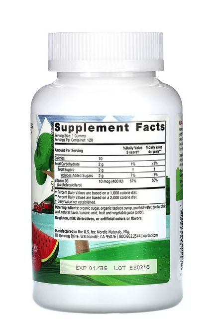 Витамин Д3, для детей от 3 лет, арбуз , 400 МЕ, 120 жевательных таблеток ,Nordic Naturals (США) — изображение 2