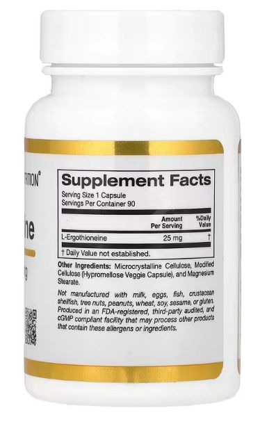 Эрготионеин, 25 мг, 90 растительных капсул California Gold Nutrition — изображение 2