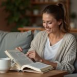 Женщина ~38 лет расслабленно читает вечером — магний глицинат для спокойного сна и нервной системы