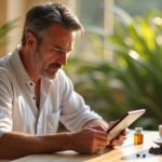 Мужчина ~45 лет за утренним чаем изучает статью о растительных добавках — рядом место для баночки Fo-Ti Swanson