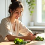 Ухоженная женщина 40+ за завтраком с зелёным смузи и брокколи — поддержка гормонального баланса с индол-3-карбинолом