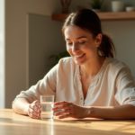 Ухоженная женщина ~40 лет со стаканом воды за утренним столом — каприловая кислота Swanson 600 мг