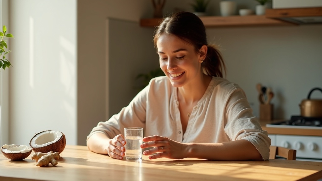 Ухоженная женщина ~40 лет со стаканом воды за утренним столом — каприловая кислота Swanson 600 мг