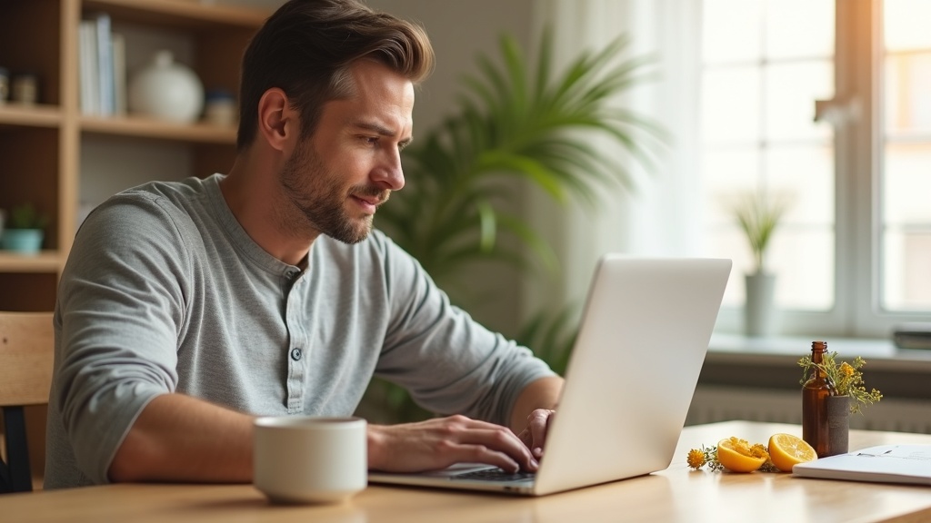 Мужчина ~45 лет за ноутбуком утром — ясная голова и фокус благодаря лютеолину Nutricost