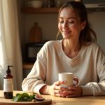 Ухоженная женщина ~40 лет за утренним кофе — спокойное утро без усталости и мышечного напряжения, рядом место под магний