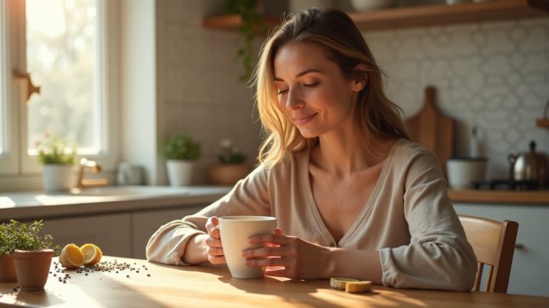 Энергичная женщина за утренним чаем с имбирём и орегано — лёгкость после курса масла орегано NOW Foods
