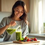 Стройная ухоженная женщина на светлой кухне готовит смузи — рядом место под бариатрические мультивитамины NATURELO