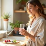 Энергичная ухоженная женщина ~40 лет на светлой кухне утром — витамины Nature's Way Alive для женщин