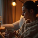 Женщина ~40 лет расслабленно сидит с чаем вечером — магний глицинат NATURELO для нервной системы