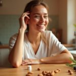 Ухоженная женщина 35–45 лет у зеркала утром — здоровые волосы, кожа и ногти, витамины Maxi-Hair Plus
