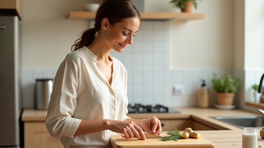Ухоженная женщина 40+ нарезает имбирь на светлой кухне — место под капсулы NOW Foods масло орегано