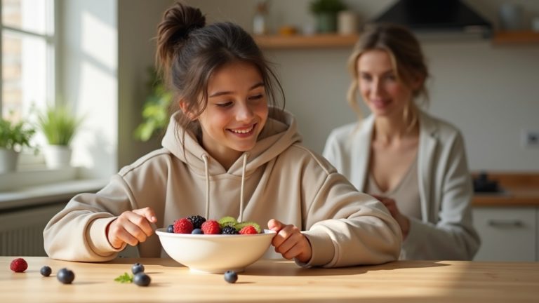 Подросток за завтраком с ягодами — мультивитамины из цельных продуктов для teens