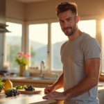 Энергичный мужчина ~40 лет готовит утром на кухне — мультивитамины Alive! для мужской выносливости