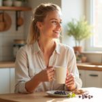 Бодрая ухоженная женщина 35 лет с чаем утром на кухне — мультивитамины Alive! для женщин