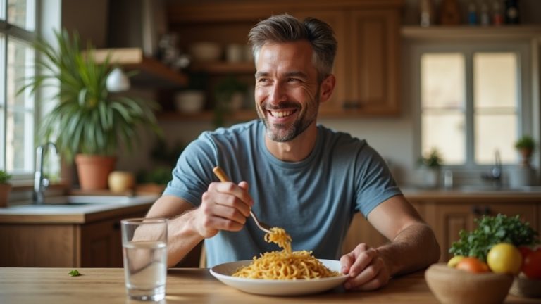 Мужчина ~45 лет спокойно обедает с семьёй — цинк карнозин PepZinGI Swanson для здоровья желудка
